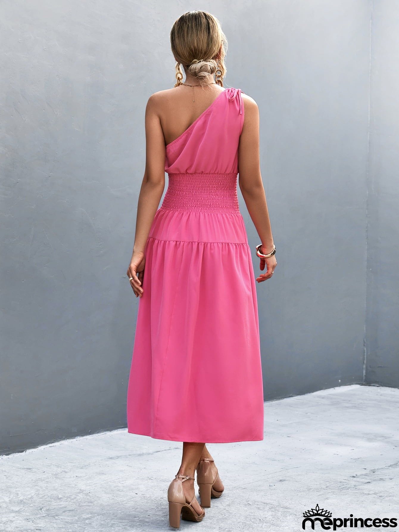 Asymmetrical One Shoulder Smocked Waist Midi Dress