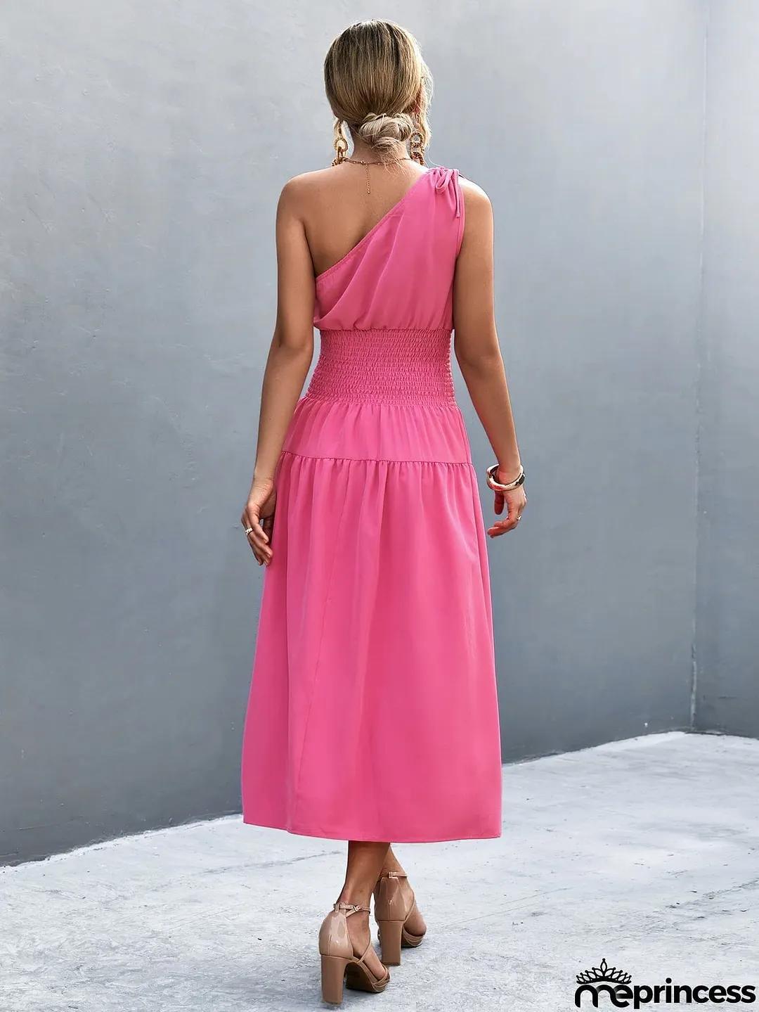 Asymmetrical One Shoulder Smocked Waist Midi Dress