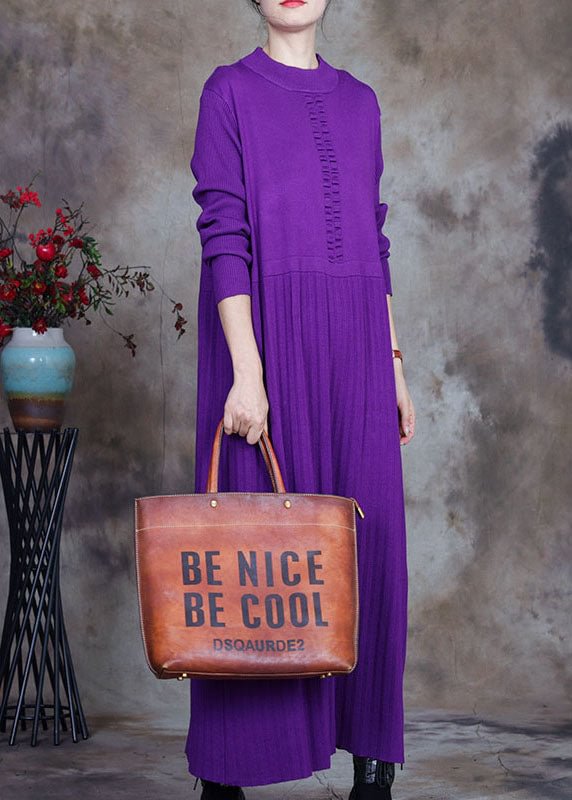 Plus Size Purple O-Neck Knit Sweater Dress Winter