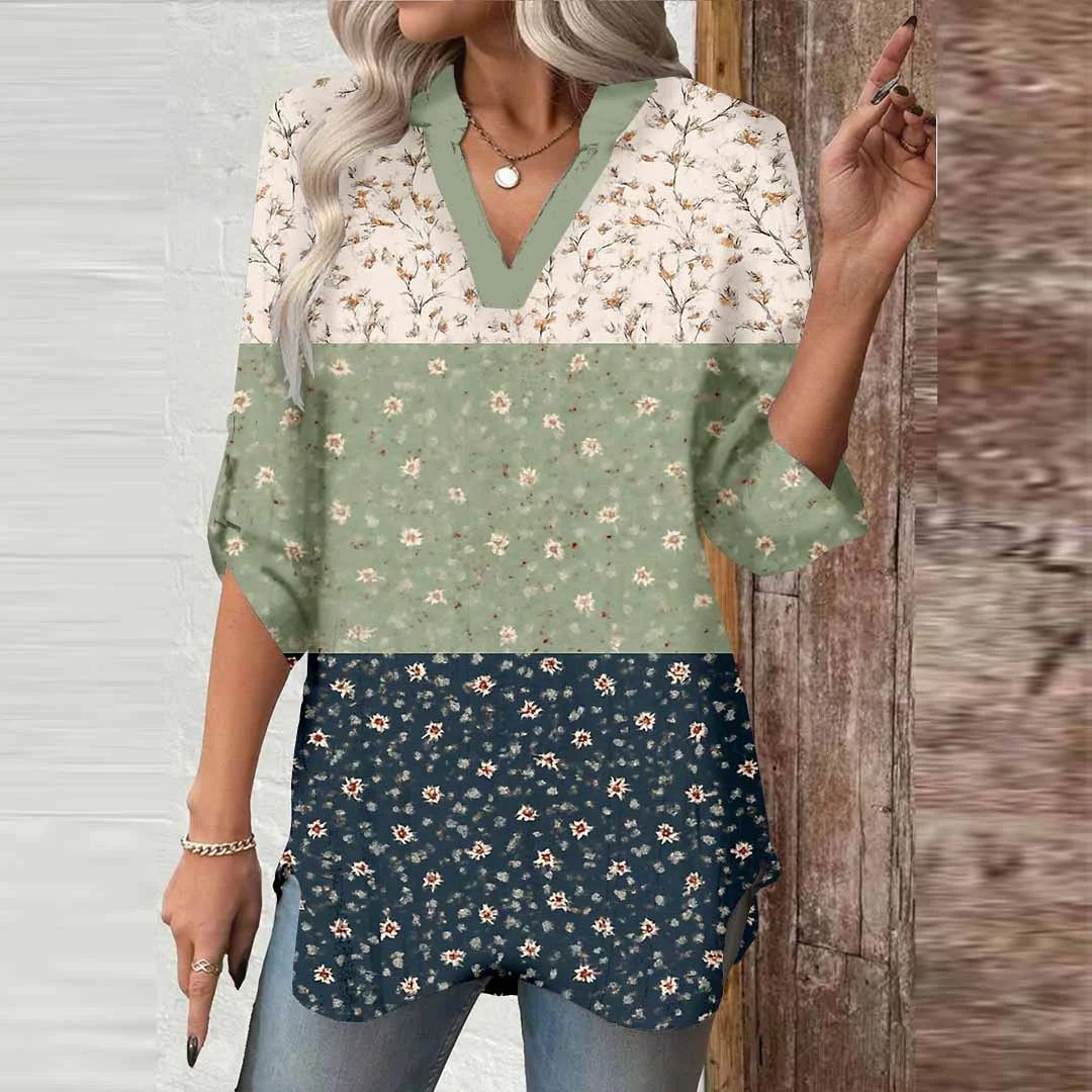 Women Floral, Green, Patchwork DZGA0046 3/4 Sleeve V-neck Printed Graphic Button Tops