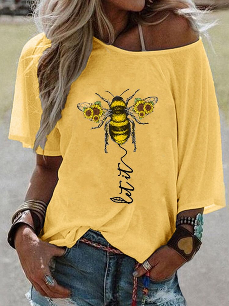 Flower Bee Letter Print Short Sleeve T shirt For Women P1668972