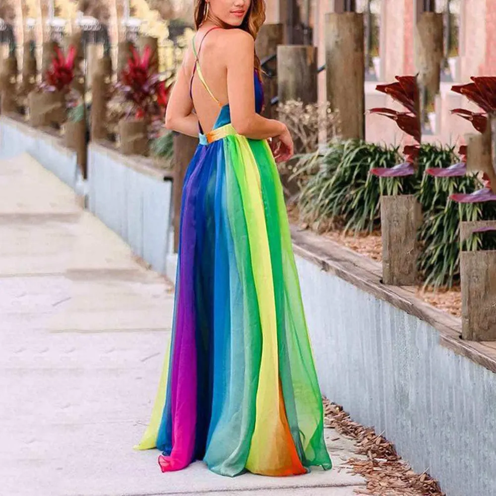 Brownm Brownm New Women's New Slings Sexy Deep V Rainbow Chiffon Suede Dress