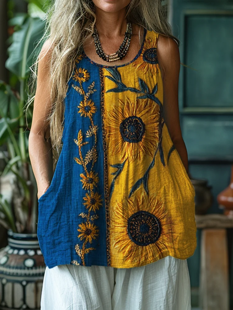 VChics Ethnic Sunflowers Embroidered Contrast Linen Tank Top