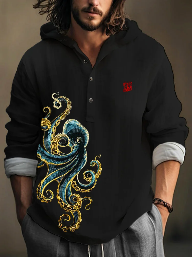 Comstylish Octopus Embroidered Japanese Art Linen Hooded Long Sleeve Shirt