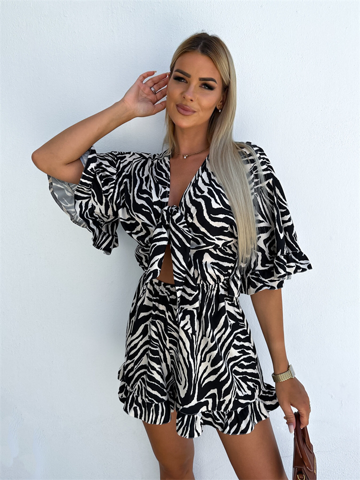 Women's Vacation Zebra Print Ruffle Sleeve Drop Shoulder Sleeve V-Neck Tie High Waist Elastic Waist Shorts Jumpsuit