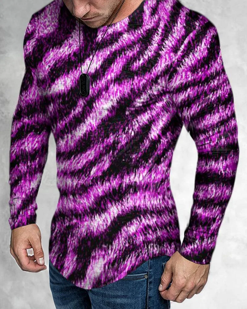 Men's Casual Long Sleeved Creative Pink Leopard Pattern T-shirt