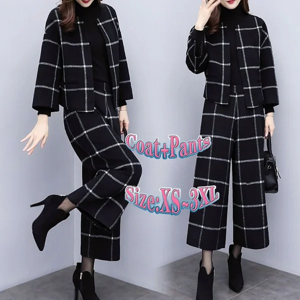 Autumn Winter Black Woolen Plaid Two Piece Sets Outfits Women Short Jacket Coat Wide Leg Pants Suits Elegant Fashion Office Sets