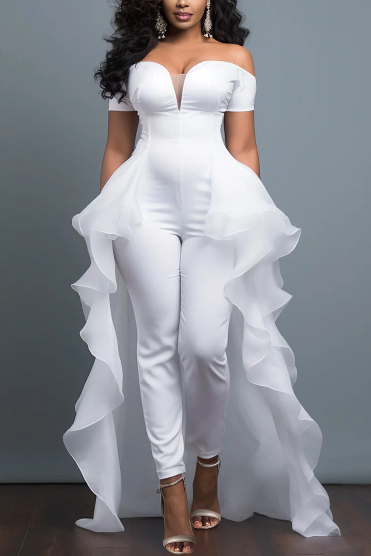 Xpluswear Design Plus Size Formal White Elegant Off The Shoulder Short Sleeve With Skirt Overlay Contrast Jumpsuits [Pre-Order]
