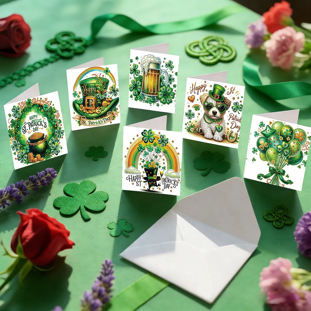 6Pcs Happy St.Patrick Day DIY Diamond Painting Greeting Card Set with Envelopes Diamond Art Handmade Cards for Beginner Adult Holiday Gifts