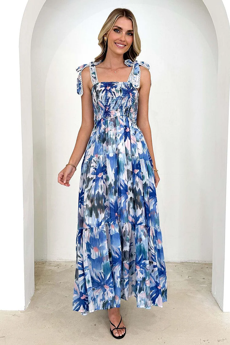Tie Up Shoulder Straps Floral Print A-Line Maxi Dresses-Blue
