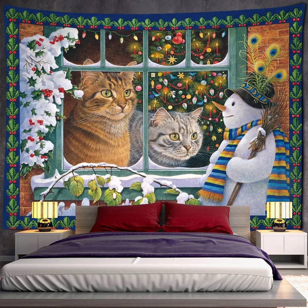 Christmas Kitten Snowman Tapestry Wall Hanging Anime Cute Illustration Children New Year Gift Home Decor