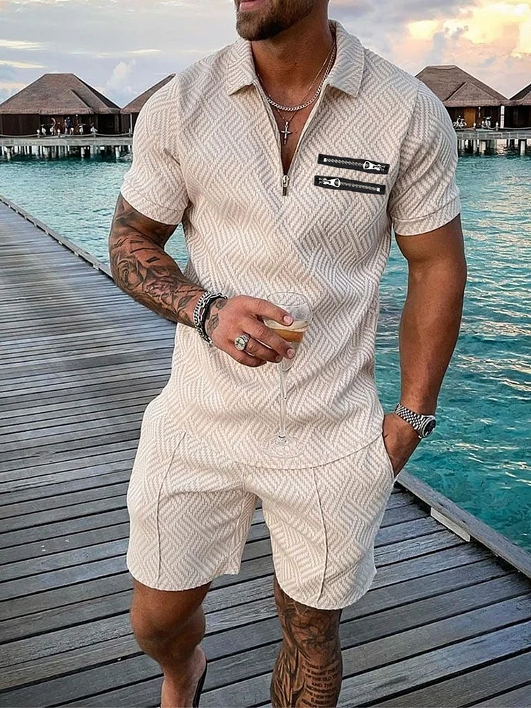 Men's Solid Color Zip Polo Shirt and Shorts Two-Piece Suits
