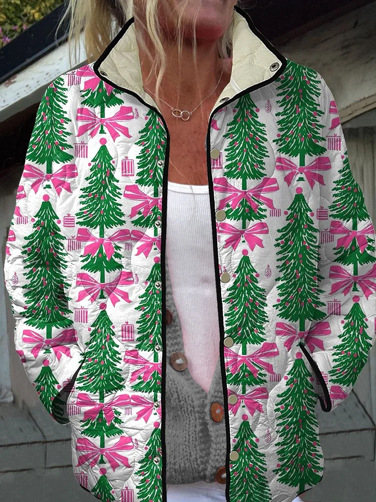 Women's Vintage Christmas Tree Art Print Casual Quilted Jacket
