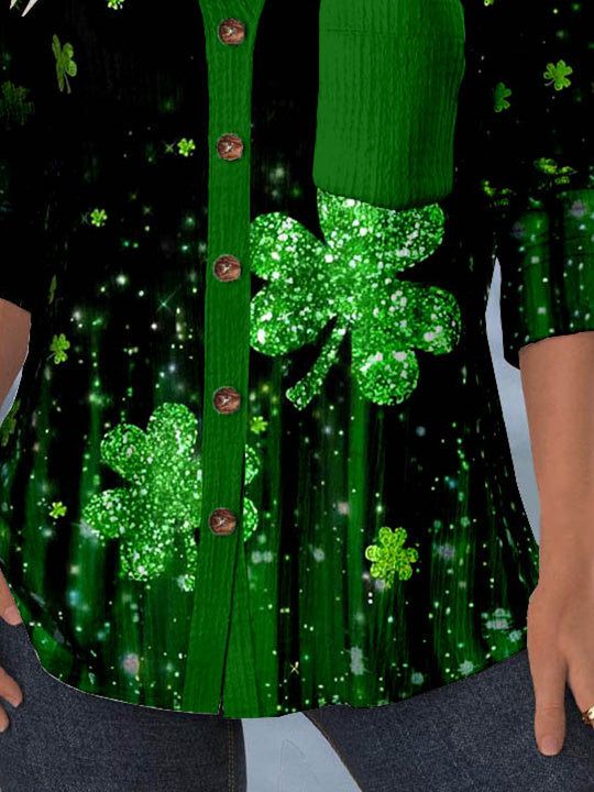 Women 3/4 Sleeve Shirt Collar Four Leaf Clover Printed Graphic Lace Button Pockets Tops