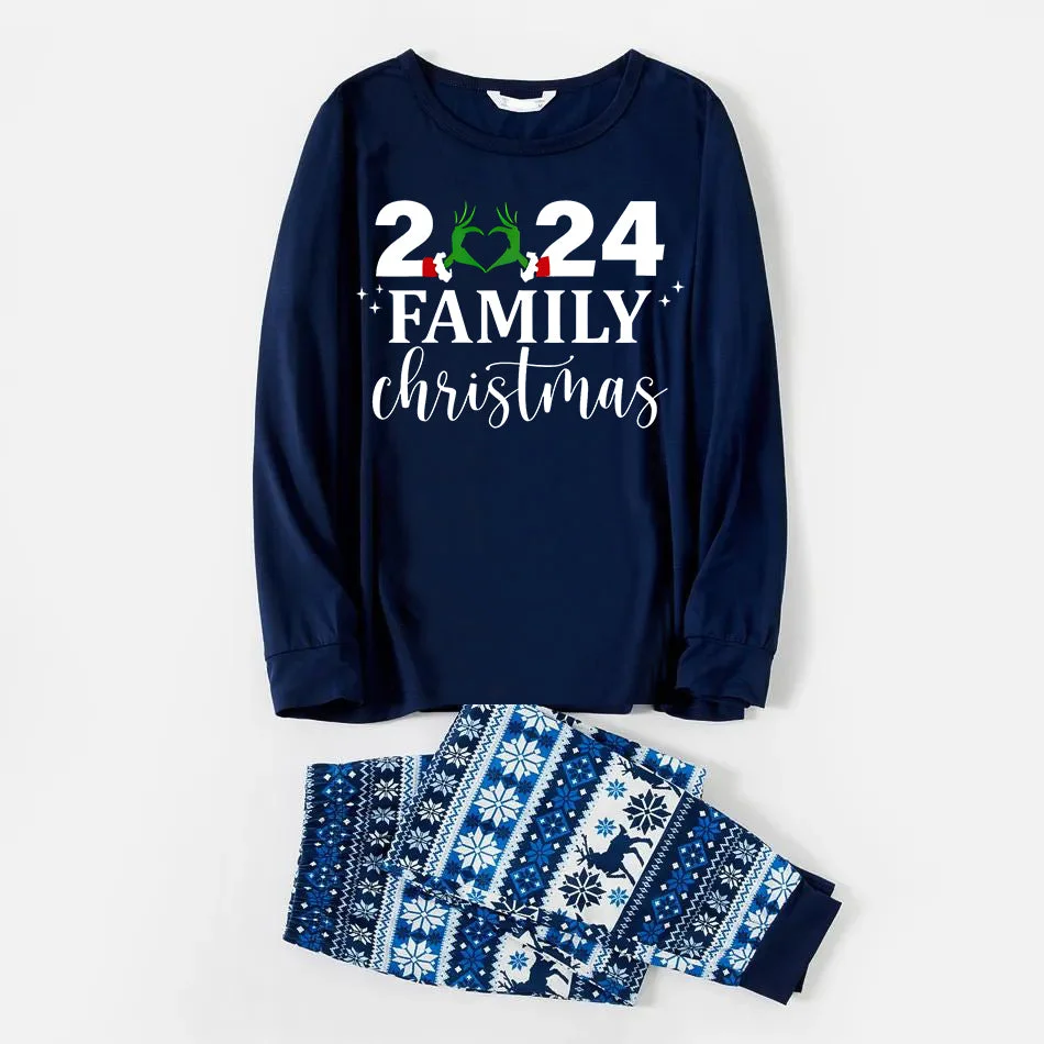 "2024 Family Chriatmas" Quirky Heart Letter Print Blue Long Sleeve Family Matching Pajamas With Dog bandana