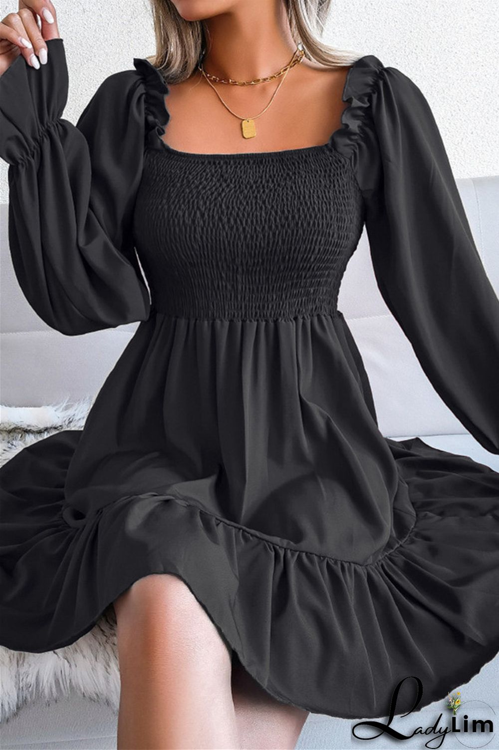 Burgundy Fashion Casual Solid Patchwork Square Collar Long Sleeve Dresses