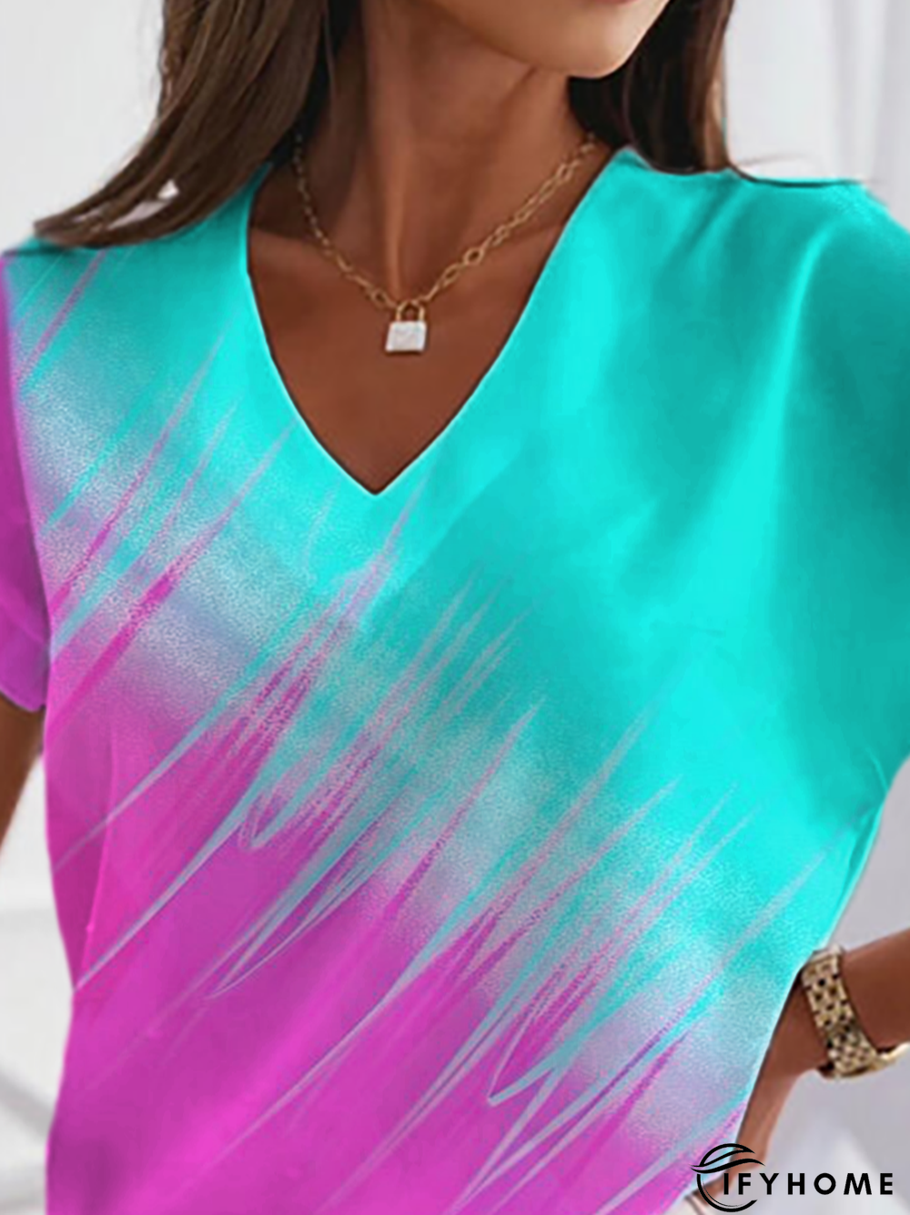 Casual V Neck Color Block Printed Top | IFYHOME