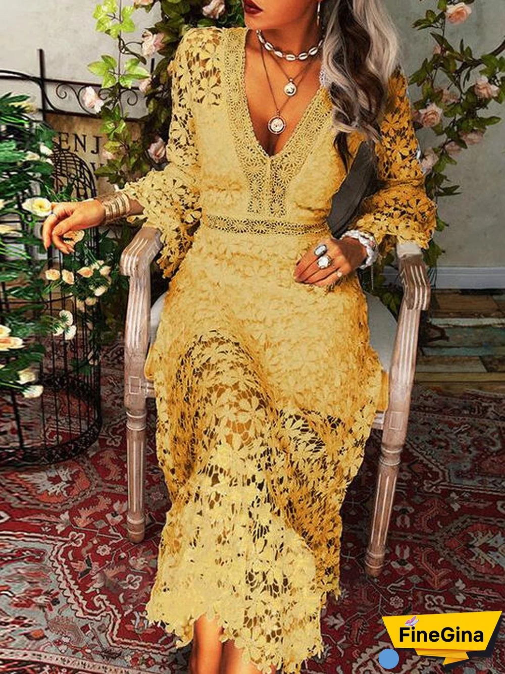 Women'S Dresses Hollow Lace V-Neck Long Sleeve Dress