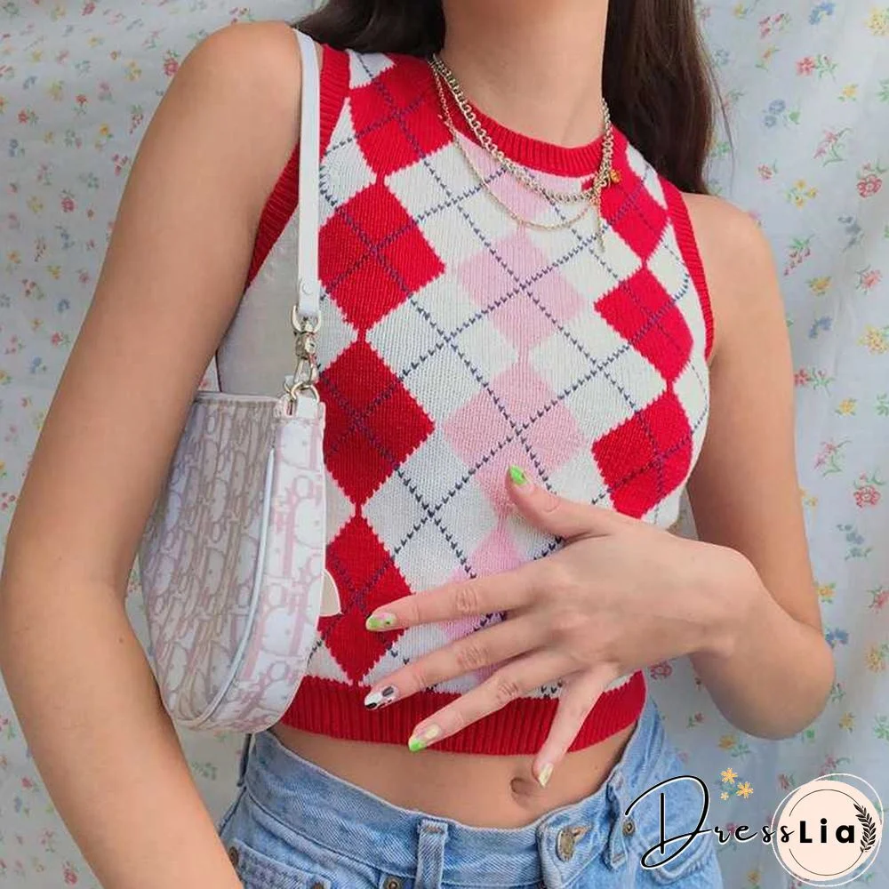 Checkered Cropped Knitted Tank Argyle Sleeveless Jumper