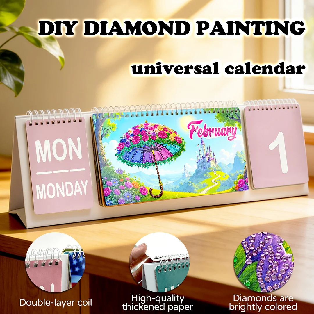 2026 Pink Flower DIY Diamond Art Painting Desk Calendar Special Shaped Drill Monthly Flip Tabletop Calendar Kit for Adults Beginners Gift Home Office Decor