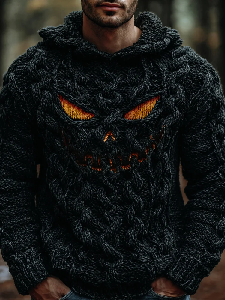 Halloween Evil Pumpkin Emoji Men's Chunky Knit Hooded Sweater