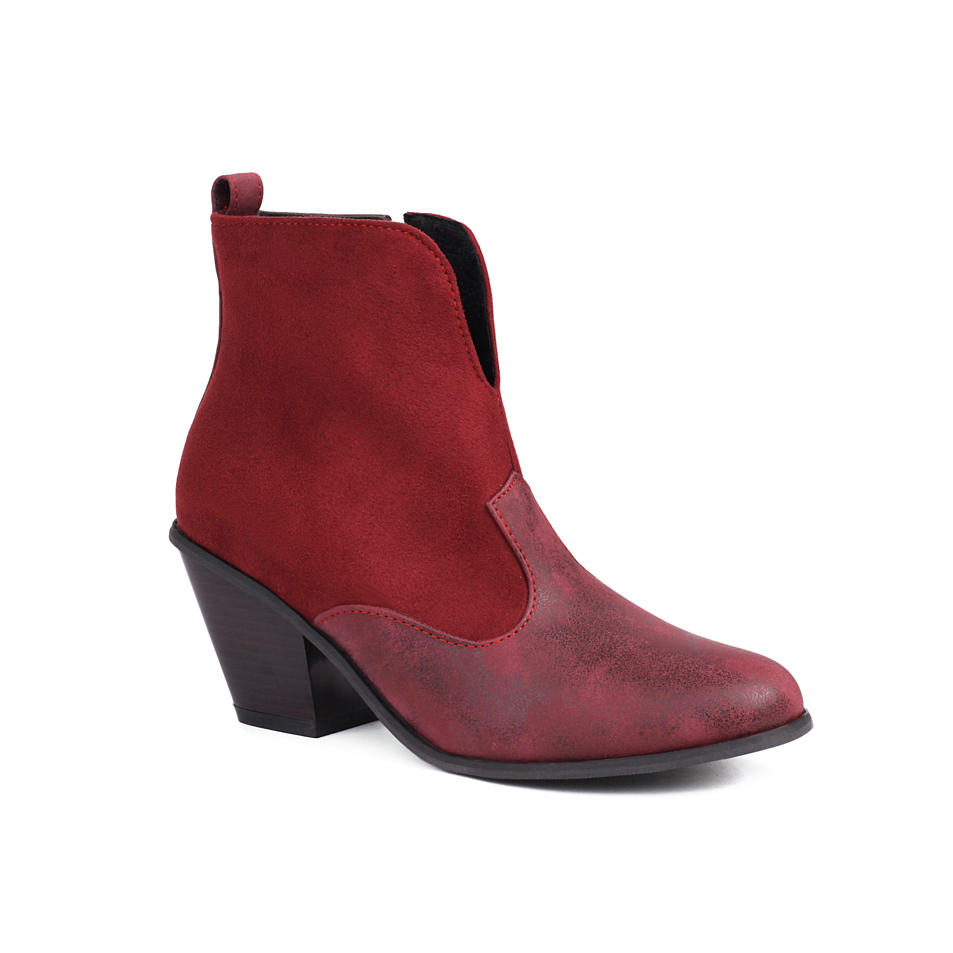 GOOSHOE Frosted Flock Panel Pu Conical Thick Heel Short Boot Side Zipper Inner Lining Boot
