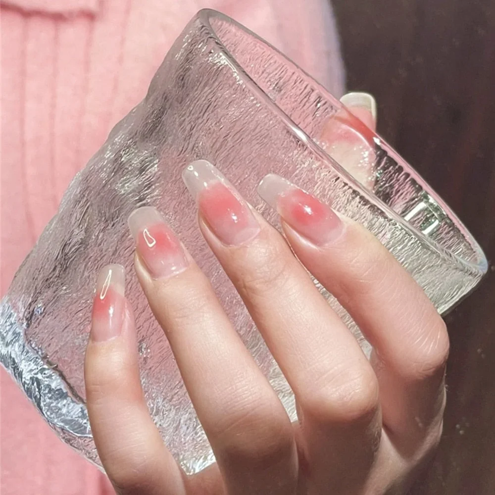 Sweet Summer Women Fake Nails Stickers Long Rose Pink Candy Color Wearable Nail Stickers Full Finished Nails With Glue 24pcs-Nail Inspo