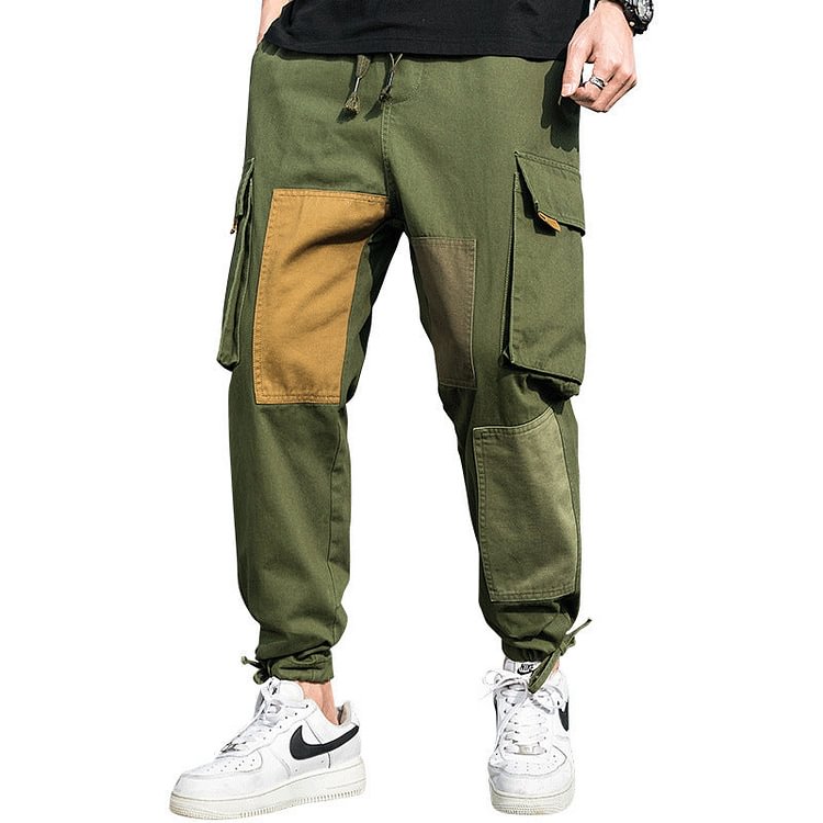 Men's Spring plus Size Retro Sports Color Matching Straight Large Pocket Casual Pants Men Cargo Pant