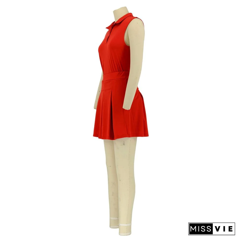 Sleeveless Pullover Polo Tops Pleated Skirt Suits