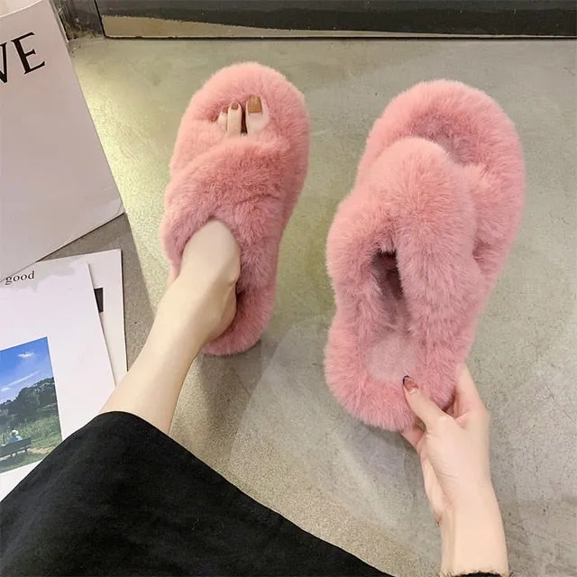 Indoor Women Fur Slippers Fluffy Soft Furry Slides Thick Flats Heel Non Slip House Shoes Ladies Luxury Design Footwear Whosale