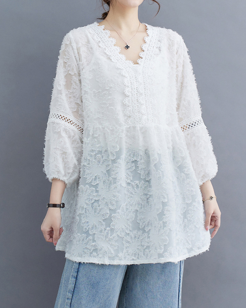 Lace V Neck Three Quarter Sleeve Cut Out Detail Top