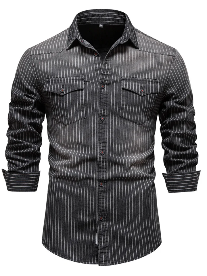 High-quality Heavy-duty Washed Old Striped Denim Shirt Men's Men's Lapel Wrinkle-resistant Wear-resistant Long-sleeved Shirt