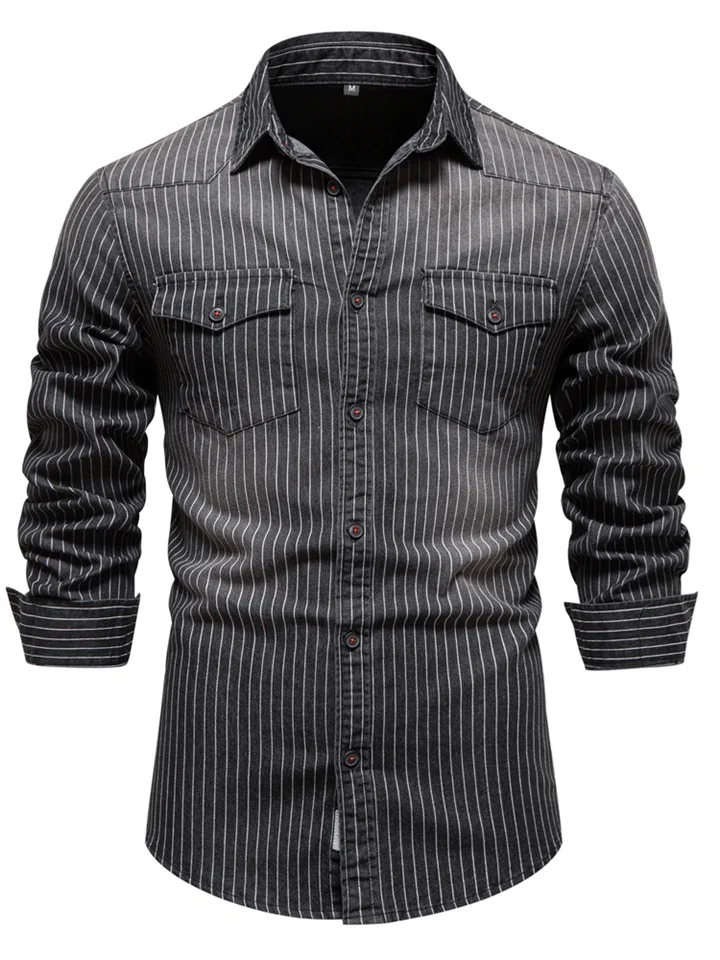 High-quality Heavy-duty Washed Old Striped Denim Shirt Men's Men's Lapel Wrinkle-resistant Wear-resistant Long-sleeved Shirt-Cosfine
