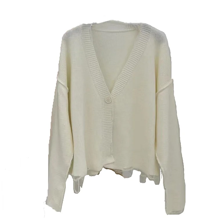 Casual Loose Solid Color V-neck Long Sleeve Torn Hem Knitted Cardigan  