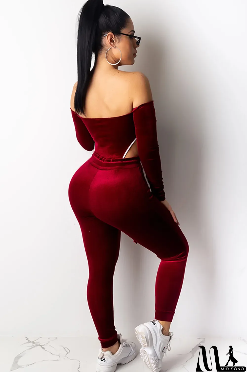 MidiSono - purple Polyester Sexy Solid Two Piece Suits pencil Long Sleeve Two-piece Pants Set