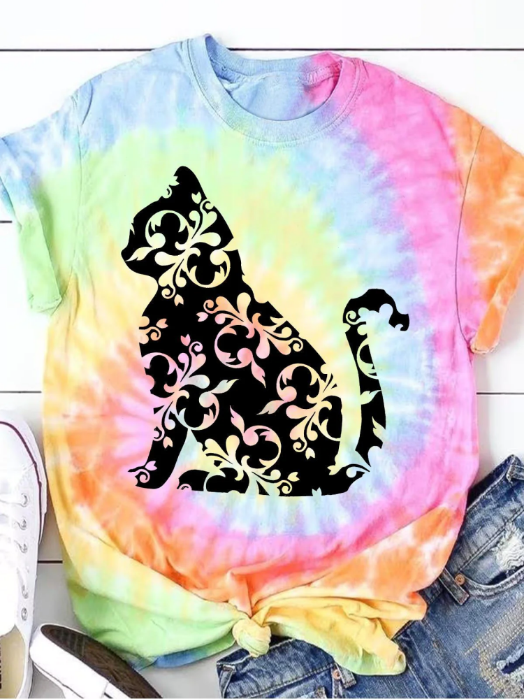 Comstylish Floral Print Cat Print Rainbow Tie Dye T-Shirt