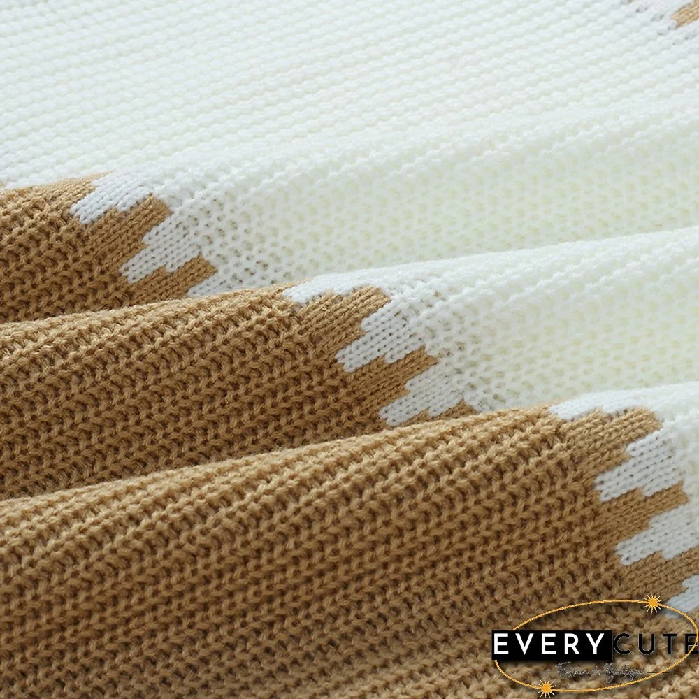 Khaki Color Block High Neck Woolen Sweater