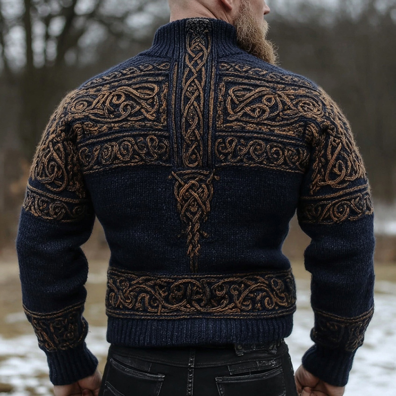 Men's Vintage Viking Celtic Knot Art Warm Knit Zipped Sweater