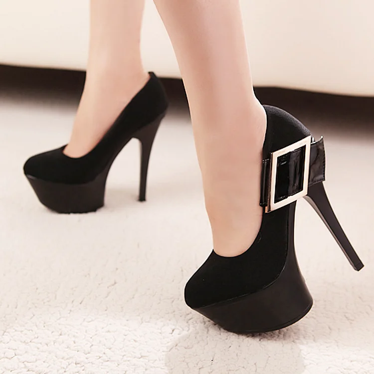 Black Stiletto Buckle Platform Heels Pumps Vdcoo