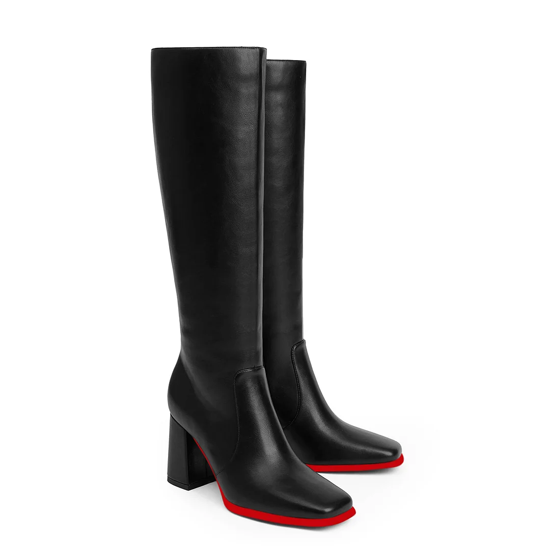 95mm Women's Knee Boots Red Bottom Block Chunky Heels Zipper Fashion Sexy Daily Matte Boot-MERUMOTE