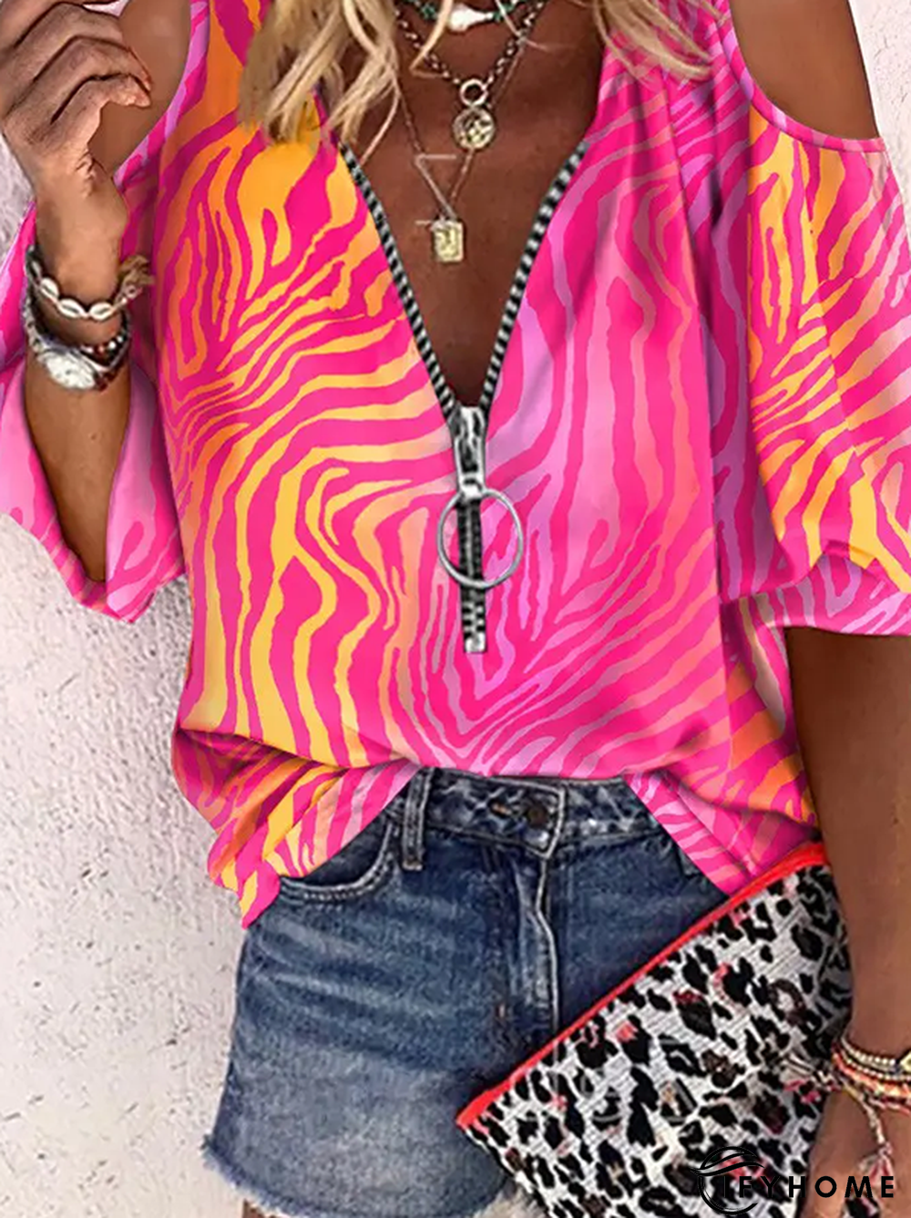 Women's Leopard Half sleeve Zipper V neck Off-The-Shoulder Casual Tops | IFYHOME