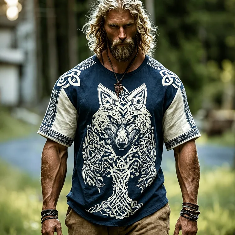 Men's Viking Wolf Totem Color Block Short-sleeve Crew Neck Cotton Linen T-shirt