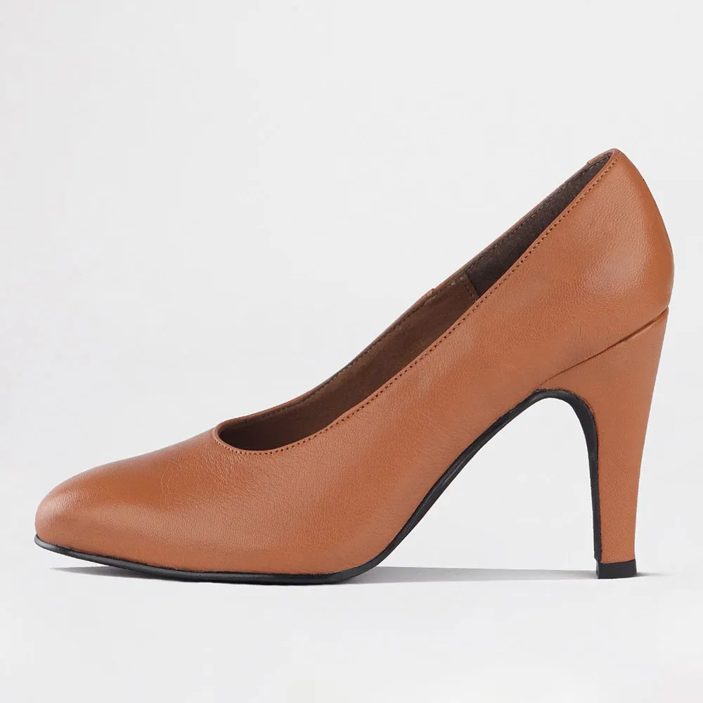 YDN Classic Tan Chunky Heel Round Toe Business Pumps Shoes