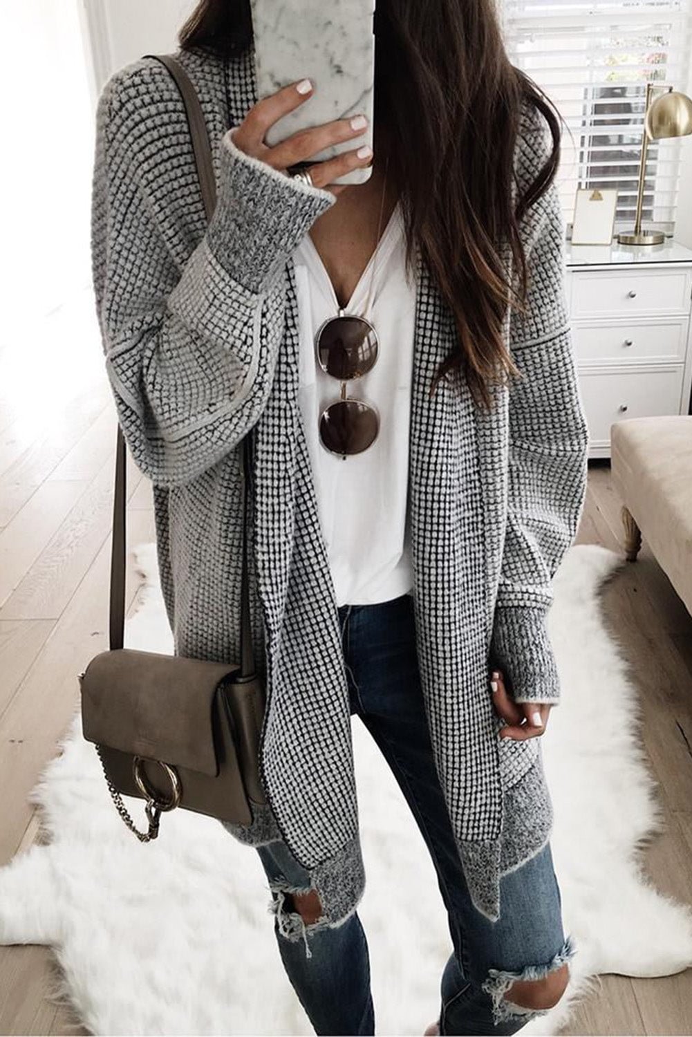 Plaid Long Sleeve Open Front Knit Coat