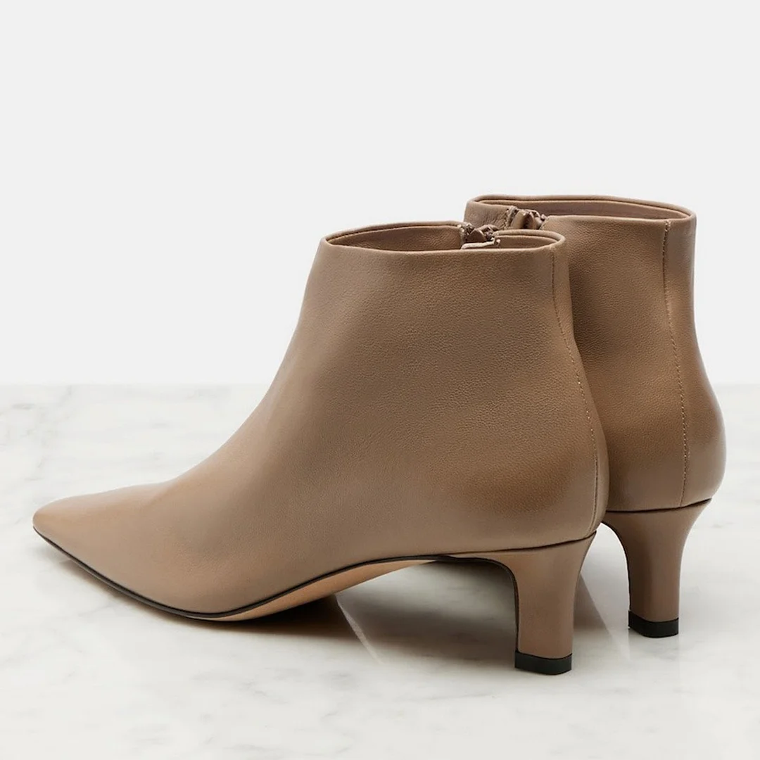 Women's Square Toe Low Kitten Heel Tan Zipper Short Booties