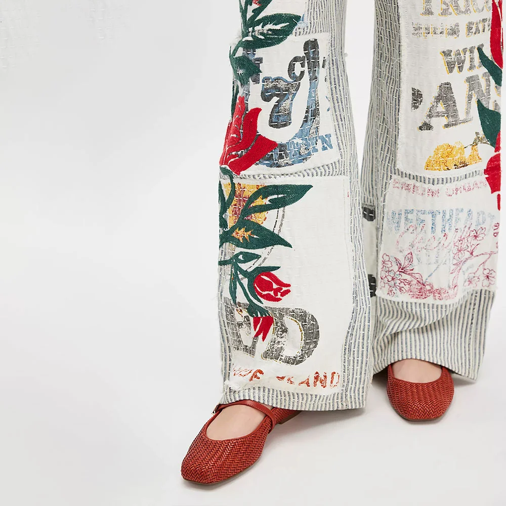 Red Square Toe Woven Detail Buckle Strap Flat Shoes for Women