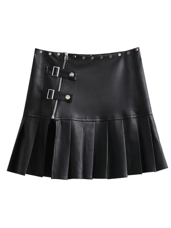 Sexy Rivets Pleated Slit Solid Pattern PU Skirt