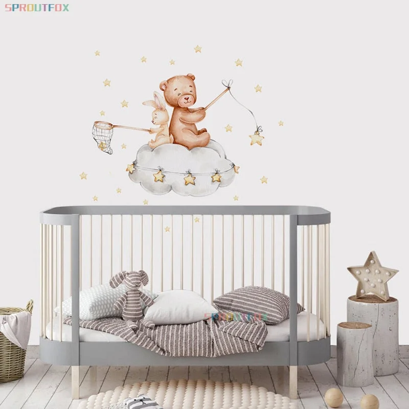 Bear And Rabbit Wall Stickers For Kids Rooms Animals Wall Stickers Child PVC Wall Decorative Vinyl For Children's Room