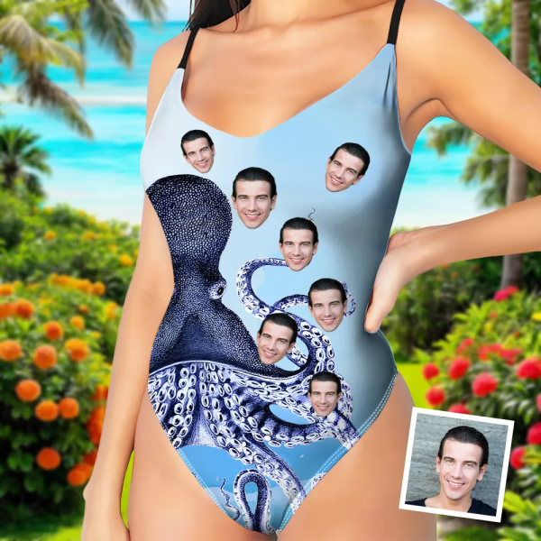 Custom Japanese Art V-neck One-piece Bathing Swimsuit Personalized Blue Ocean Straps Swimsuit For Women,gift For Wife artswardrobe