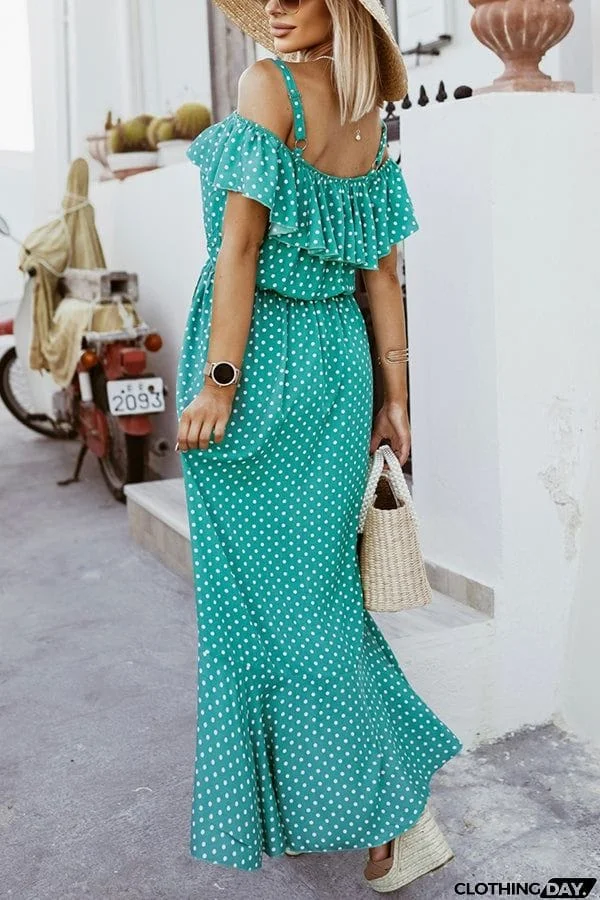 Dot Ruffles Off Shoulder Irregularity Maxi Dress